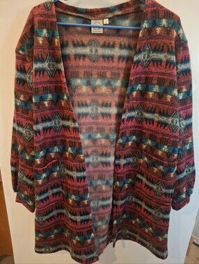 Open-Front Aztec Print Cardigan Sweater in Red & Teal - Women